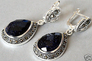 925 Silver Sand jade Marcasite Drop Earrings