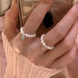 925 Silver Rainbow Heart Pearl Stretch Rope Ring for Women Girl