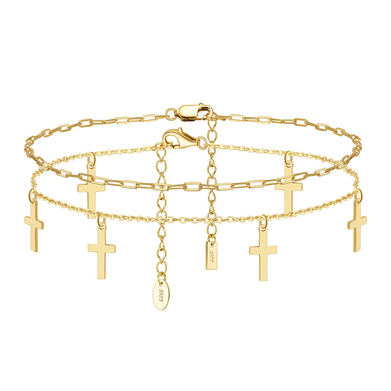 925 Silver Paper Clip & Cross Chain Anklets for Women