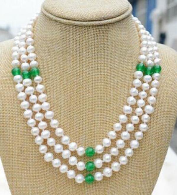 Freshwater Pearl & Green Jade Necklace 17-19" Elegant Jewelry