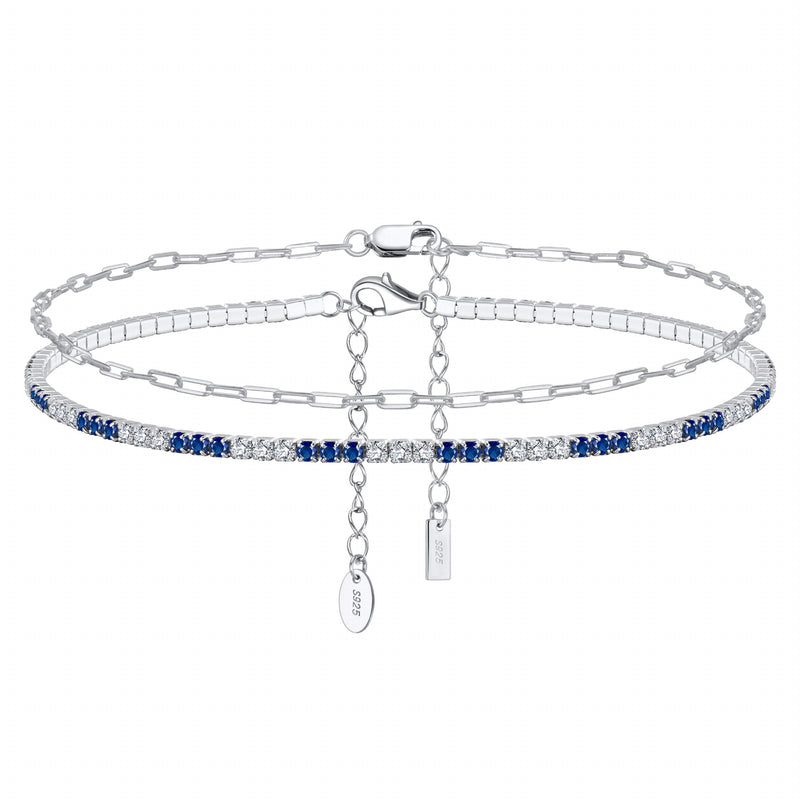 925 Silver Paperclip&Blue Clear Tennis Ankle Bracelet for Women