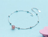 925 Sterling Silver Strawberry Stone & Round Beads Anklet Bracelet