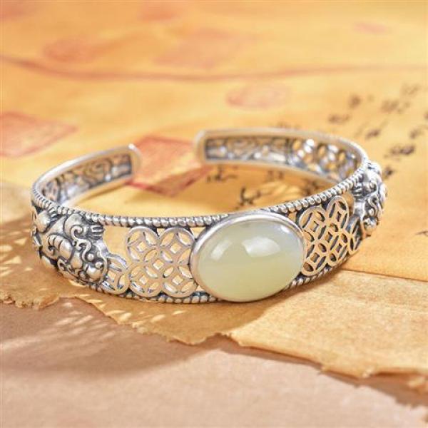 Natural Hetian Jade Ingot Bracelet Chinese Retro Charm Silver Jewelry