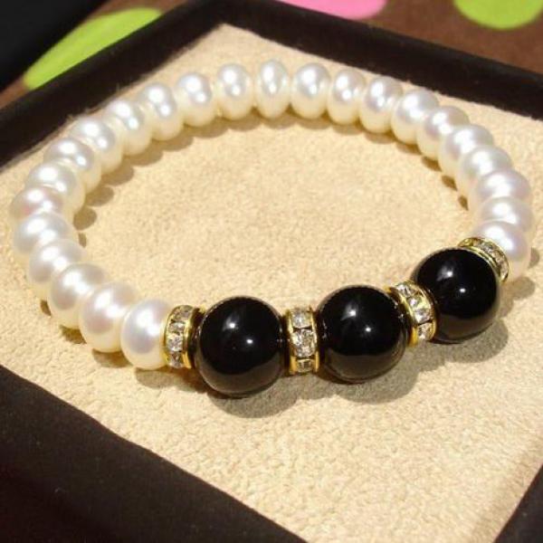 8-9mm Freshwater Pearl Bracelet Luck Agate Rhinestone Beads Elastic Bangle