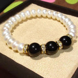 8-9mm Freshwater Pearl Bracelet Luck Agate Rhinestone Beads Elastic Bangle