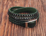 Green Double Wrap Leather Wristbands Bracelet Cuff Mens