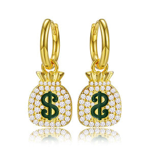 925 Silver MONEY BAG Earrings Iced Out CZ Hip Hop Jewelry