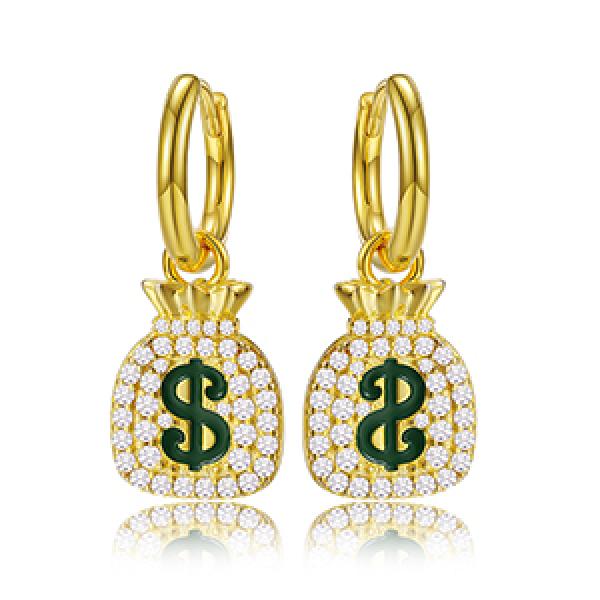 925 Silver MONEY BAG Earrings Iced Out CZ Hip Hop Jewelry