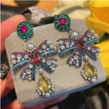 Bow Pearl Earrings Zircon Colorblock Women S925 Silver Needle