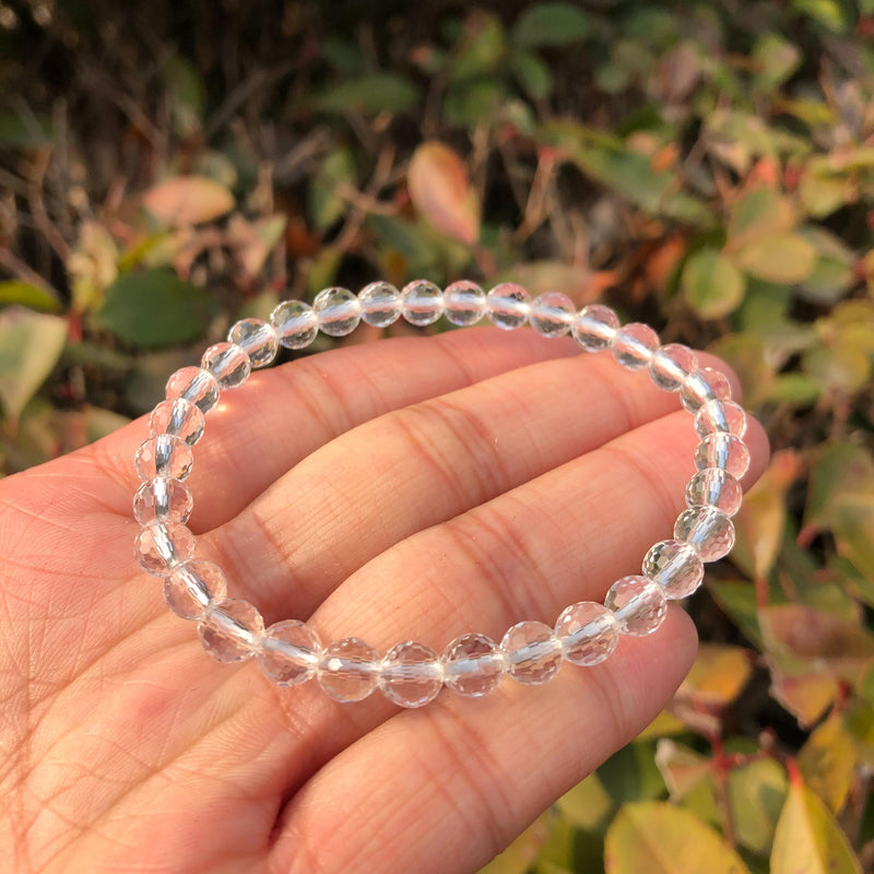 Clear Rock Quartz Bracelet 128 Facets Round Beads Crystal Healing Stone