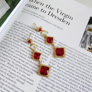 925 Sterling Silver Rhombus Wedding Crimson Ruby Drop Earrings