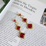 925 Sterling Silver Rhombus Wedding Crimson Ruby Drop Earrings