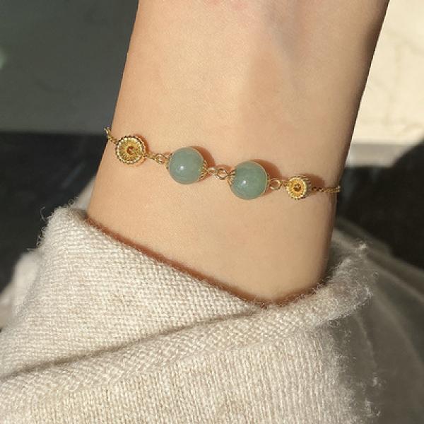 Adjustable 14k Filled Chain Link Bracelet with Emerald Jade for Women Girls