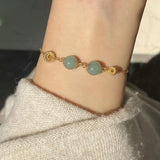 Adjustable 14k Filled Chain Link Bracelet with Emerald Jade for Women Girls