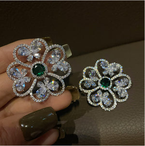 Baroque Vintage Diamond Hollow Heart Green Diamond Earrings