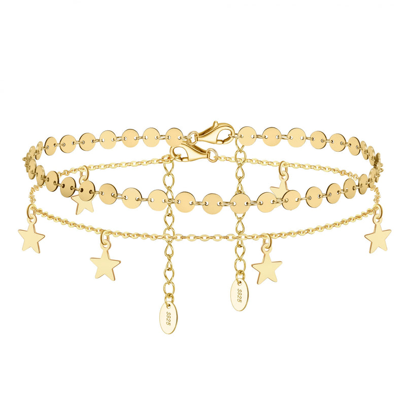 925 Sterling Silver Round Plate & Cable Chain Anklets for Women