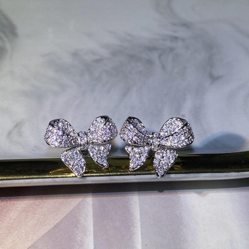 Heavy Industry Bow Earring Full Diamond Anniversary Gift Jewelry
