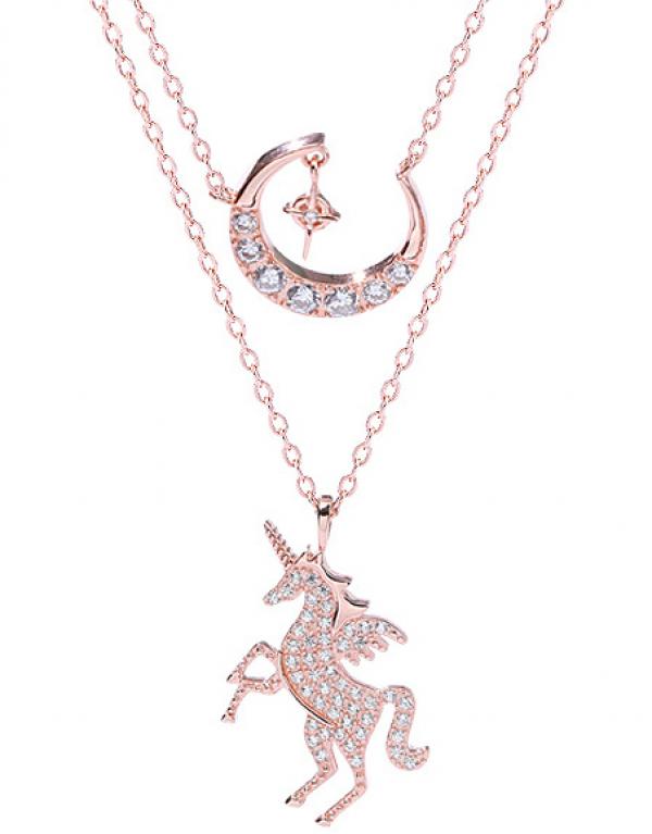 925 Silver Rose Unicorn Moon Zircon Pendant Necklace