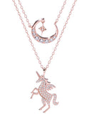 925 Silver Rose Unicorn Moon Zircon Pendant Necklace