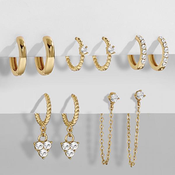 5 Pairs Copper Hoop Earrings Set CZ Crystal Chain Jewelry
