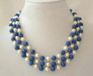 Real Pearl Lapis Lazuli Clasp Women Girl Party Necklace