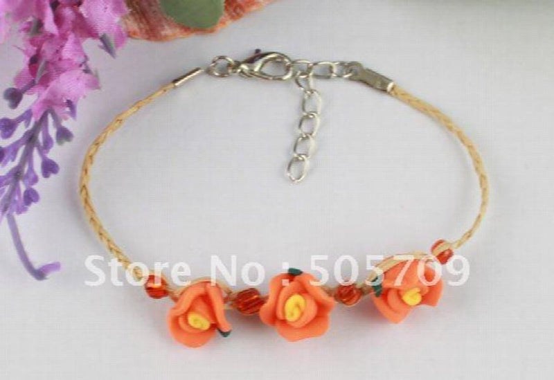 24PCS Orange Clay Flower Raffia Wish Bracelets