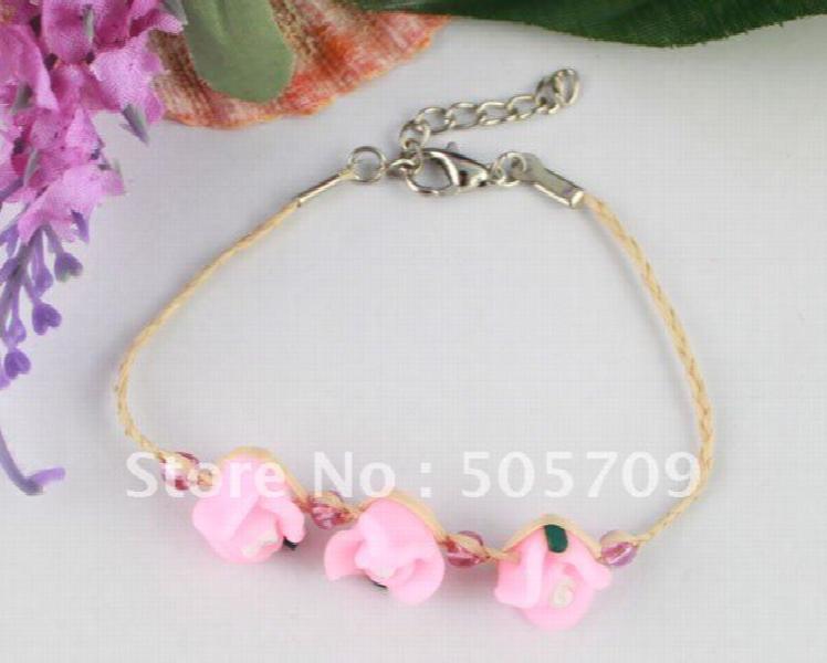 24PCS Pink Clay Flower Raffia Wish Bracelets