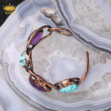 Antique Bronze Copper Cuff Bangle with Natural Crystal Stones