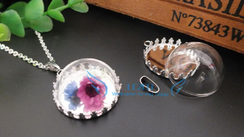 Glass Vial Pendant Necklace Kit - Crown Pendant Base with Clear Globe