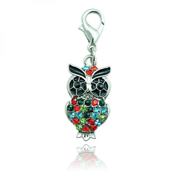 5 Rhinestone Owl Charms with Lobster Clasp for Jewelry Making