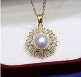 925 Silver Pink Pearl Freshwater Pendant Zircon Crystal Gem Jewelry