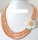 3 Rows Real Pink Pearl Shell Flower Necklace