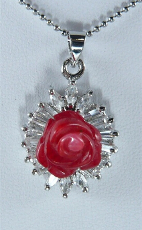 Crystal Red Coral Flower Pendant Necklace