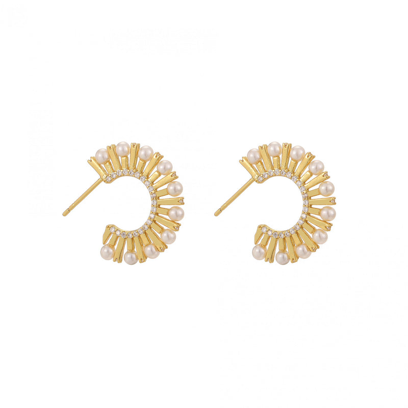 18K Plated Pearl Ear Studs with Zircon, Wedding Access