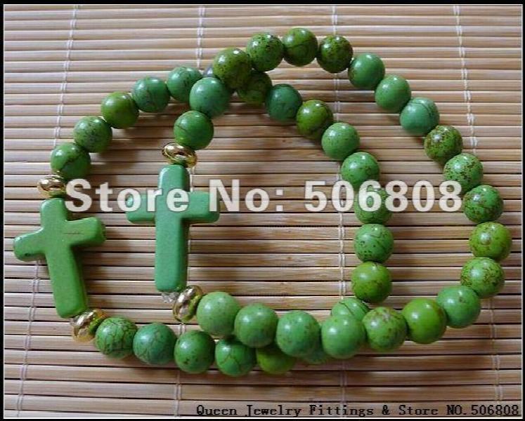 Green Cross Howlite Stone Bracelet, Stretch Beaded Jewelry