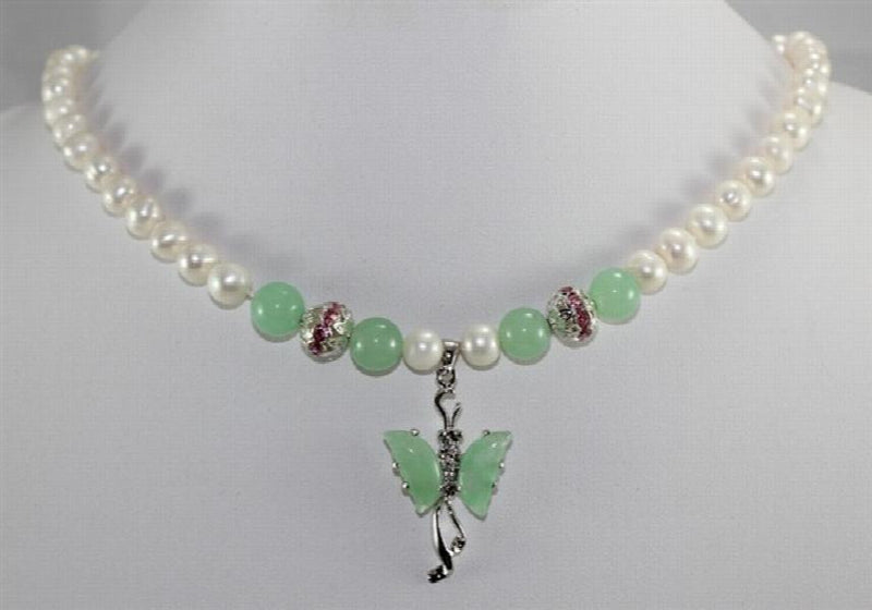 Pearl & Jade Green Butterfly Pendant Necklace