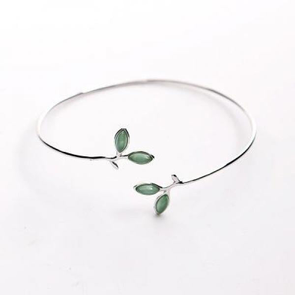 925 Silver Opal Leaves Buds Open Bracelet for Women