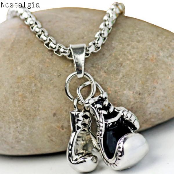 Mini Boxing Glove Necklace Pair Stainless Steel Chain Pendant Charm Jewelry