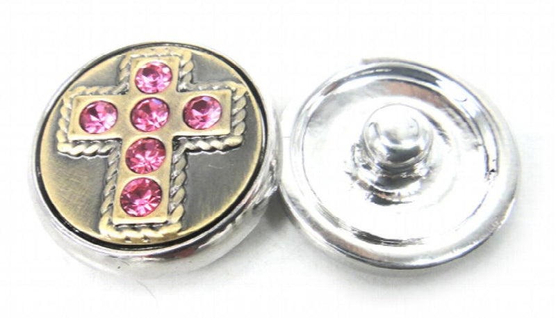 Mini 1.8-2cm Alloy Cross Charm with Pink CZ Stone Snap Button Metal Charms