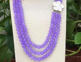 Purple 8mm Stone 3-Row Necklace with Shell Flower Clasp