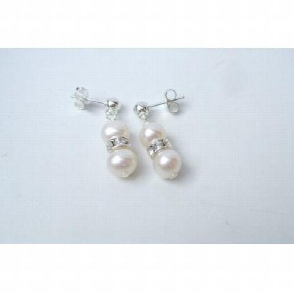Double Pearl Earring S925 Silver Freshwater Crystal Rhinestone Bridal Gift