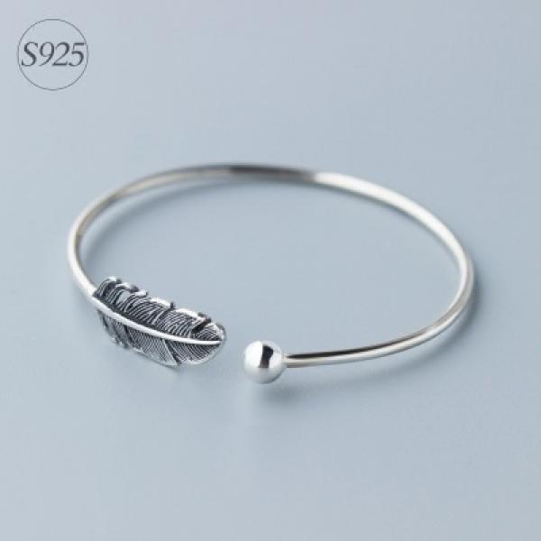 925 Silver Lucky Bead & Feather Bird Cuff Bangle LS110