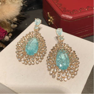 Green Water Drop Earrings Exaggerated Fireworks Flash Zircon S925 Silver Needle