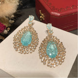 Green Water Drop Earrings Exaggerated Fireworks Flash Zircon S925 Silver Needle