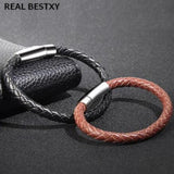 Men's Cow Leather Bracelet Stainless Steel Clasp