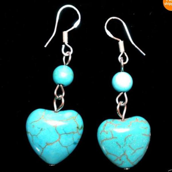 Heart Turquoise Earrings S925 Sterling Silver Hook Classic Lady Gift
