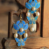 Chinese Antique Enamel Porcelain Butterfly Tassel Earrings