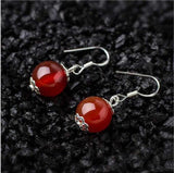 925 Sterling Silver Green Red Agate Round Beads Earrings