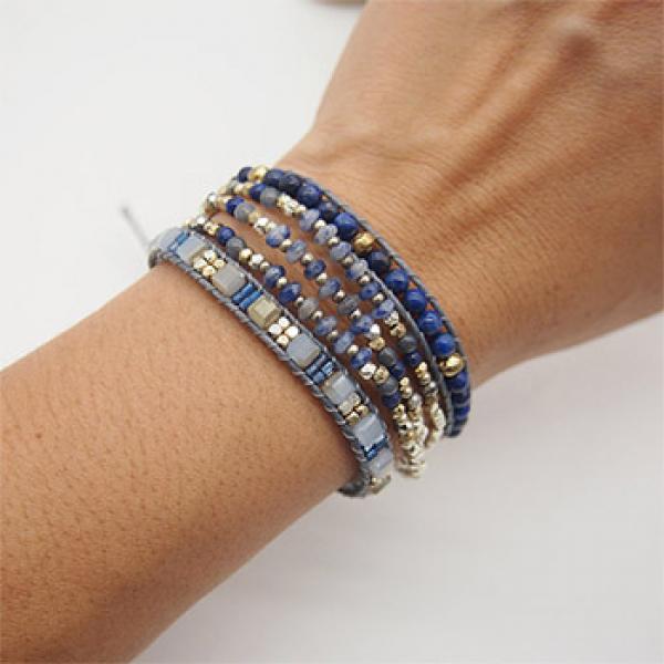 Sodalite Lapis Lazuli Triple Strands 5 Wraps Bohemian Beadwork Crystal Bracelet