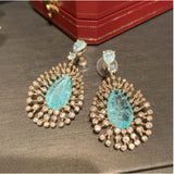 Green Water Drop Earrings Exaggerated Fireworks Flash Zircon S925 Silver Needle
